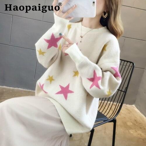 Print Star Pullovers 2019 Autumn Winter Women O-Neck Sweater Loose Knitted Ladies Sweater Harajuku Casual Solid White Sweater