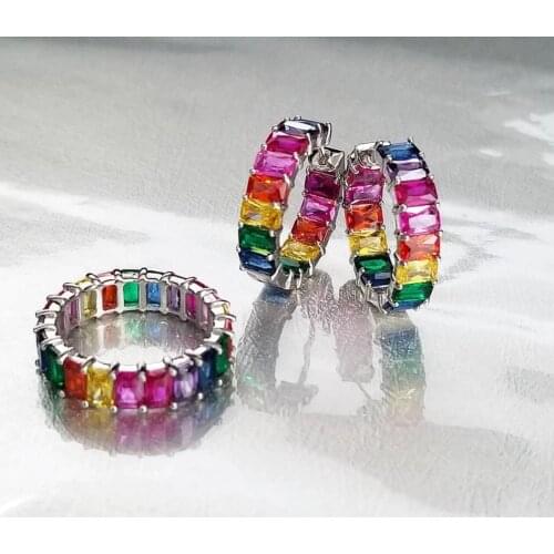 Rainbow cz earring ring bracelet set gold color plated latest trendy fashion style women colorful luxury jewelry set