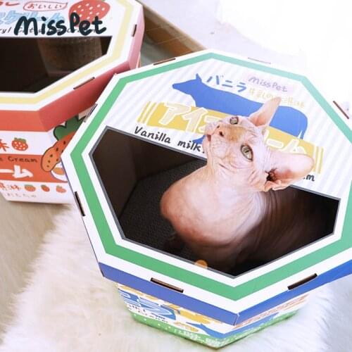 Ice Cream Box Collapsible Cat Bed Cat Cartoon Nest Cat Scratch Board Grinder Claw Wear-Resistant Supplies Pet Cat Sleep House