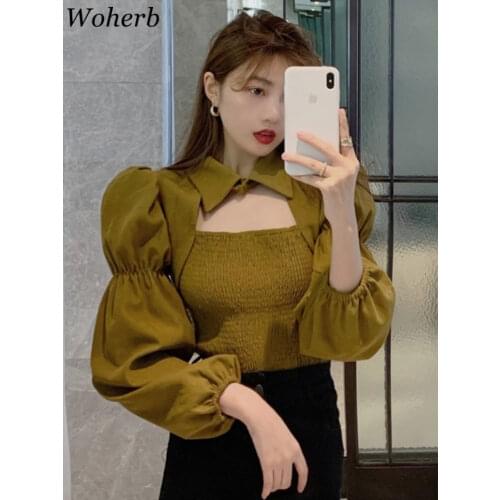 Woherb Chic Solid Korean Sweet Women Shirts Hollow Out Puff Sleeve Blouse Women Fashion Pleated Stretch Cropped Blusas Mujer