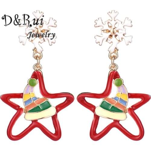 D&Rui Jewelry 2019 Charm Red Enamel Star Drop Earrings for Women New Arrival Christmas Hat Snow Dangle Earring Bohemian Jewelry