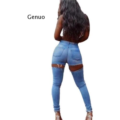 Sexy Street Plus Size High Waist Butt Ripped Jeans for Women Skinny Push Up Jeans Ass Hole Big Hips Jean Woman Pencil Denim Pant