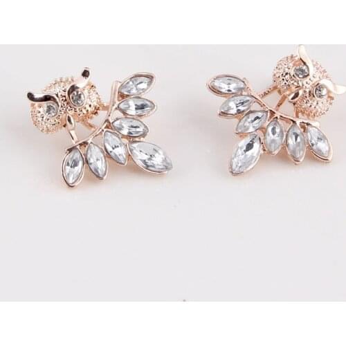 Crystal Rhinestone Owl Leaves Black Rhinestone 8 Infinite Usbimo Ring Women Removable Stud Earring Golden Plated Animal Jewelry