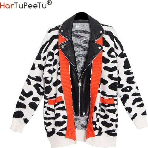 Autumn Winter Women Zipper Cardigan Sweater Patchwork PU Leopard Print Knitwear with Pocket Turn-Down Collar Plus Size Basic Top