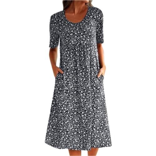 Elegant Dresses 2021 Women Summer Boho Floral Print Long Dress Round Neck Short Sleeve Loose Pocket maxi Dress robe longue femme