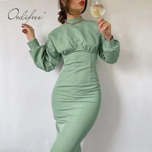 Ordifree 2021 Autumn Women Party Dress Long Sleeve Vintage Club Wear Wrap Dress Sexy Bodycon Green Midi Dress