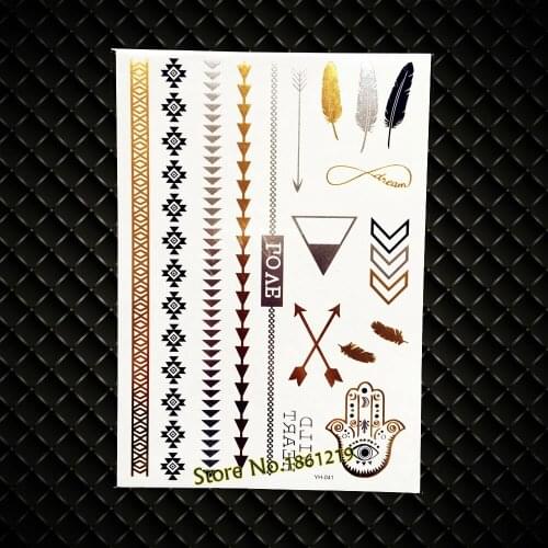 Gold Hamsa Eye Hands Tattoo Stickers 21x15CM, Silver Black Feather Metallic Tattoo Waterproof, Women Bracelet Jewel Chains Tatoo