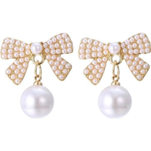 ONYSS 2021 Earrings Trend Bowknot Water Drop Shape Luxury Jewelry Drop Hanging Earrings For Women Pearl Pendant