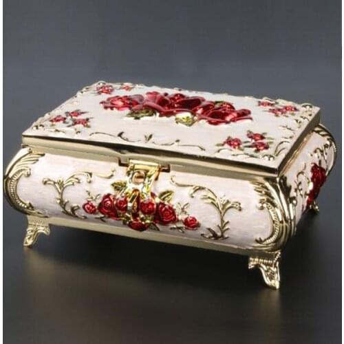 Size L Vintage Case Rose Carved Decor Fashion Metal Jewelry Box Multi Colors Enameled Necklace Pendant Ring Gift Storage Chest
