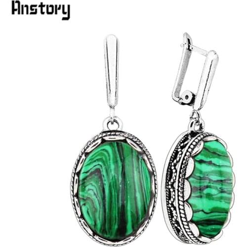 Flower Oval Malachite Dangle Earrings Vintage Look Antique Silver Plated Fashion Jewelry TE110