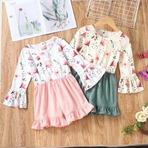 Spring Fall Baby Jumpsuits Boho Sweet Flower Print Long Flared Sleeves Baby Girl Rompers Baby Clothes Kids Clothes Playsuit 1-6Y
