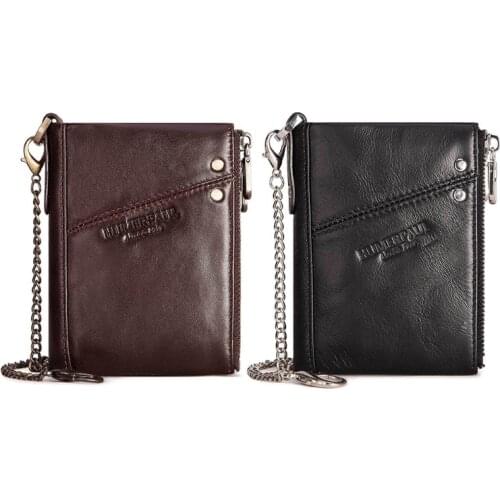 Mens RFID Blocking PU Leather Bifold Wallet Business Short Purse Change Pocket with Anti Theft Chain