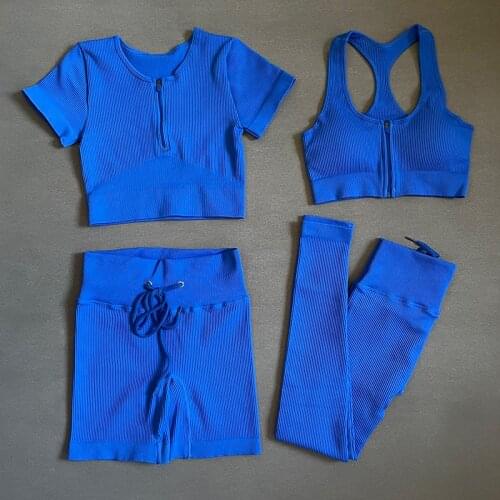 2/4Pcs Yoga Set Women Front Zipper Bra Top Shirts High Waist Drawstring Seamless Leggings Gym Shorts Workout Outfits Tracksuit