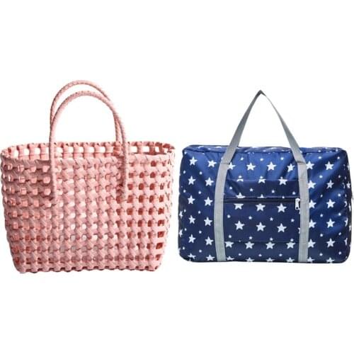 2 Pcs Travel Duffel Bag, Carry on Luggage Bag, Hand Woven Bag Portable Female Bag Beach Bag,Blue & Random Color