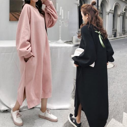 Fleece Sweatshirt Fall Winter Clothes Women Oversized Straight Long Sleeve Pullover Pocket Side Split Hoodies Sweatshirt Dress