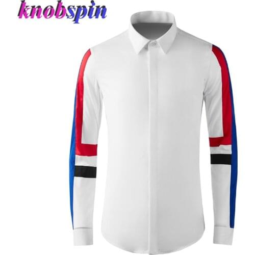 Red And Blue Sleeves Stitching Contrast Color Slim 80% Cotton Men shirt collar Casual chemise homme Brand Male Dress Shirts