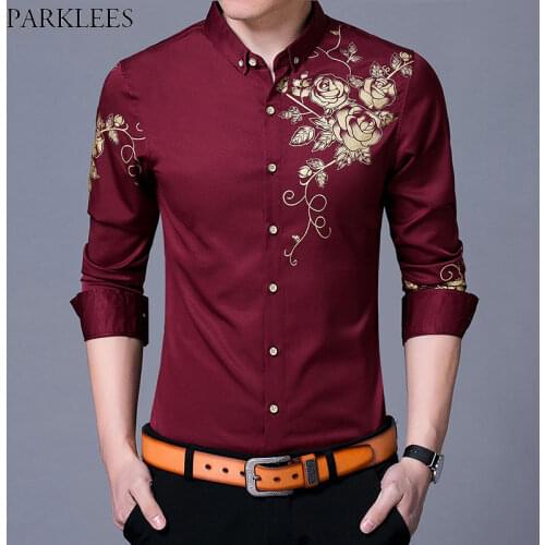 Brand Wine Red Button Down Shirt Men 2018 Fashion Golden Rose Flower Print Mens Dress Shirts Slim Fit Long Sleeve Chemise Homme