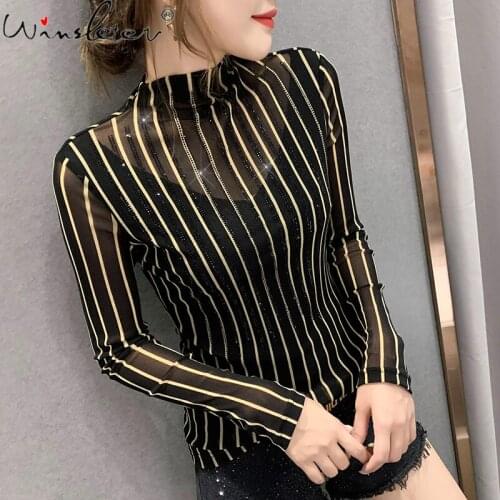 Spring Autumn 2021 New T-shirt Women Girls Sexy Mesh Patchwork Transparent Golden Diamonds Striped Long Sleeve Tops T0N605A