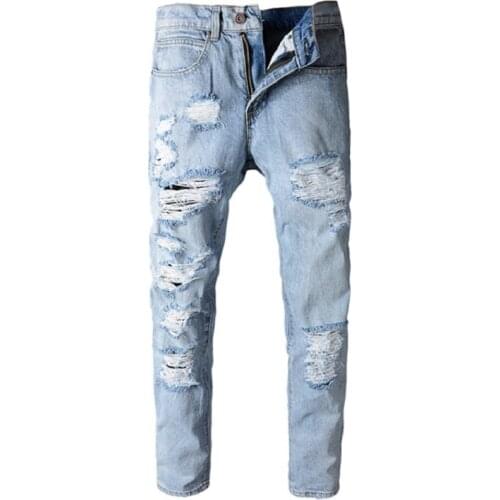 New mens male trousers Mens slim straight light-colored jeans blue heavy-washed destruction knife cut hole beggar denim pants