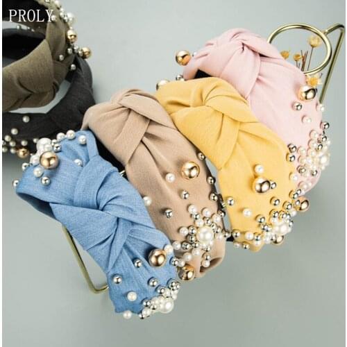 PROLY New Fashion Womens Hairband Wide Side Pearls Headband Center Knot Baroque Headwear Girls Hair Accessories Wholesale