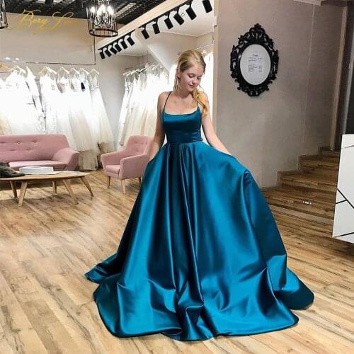 Sexy Blue Satin Evening Dresses A line Backless Prom Dresses Halter Straps Evening Gown Party Dress Vestidos de cóctel