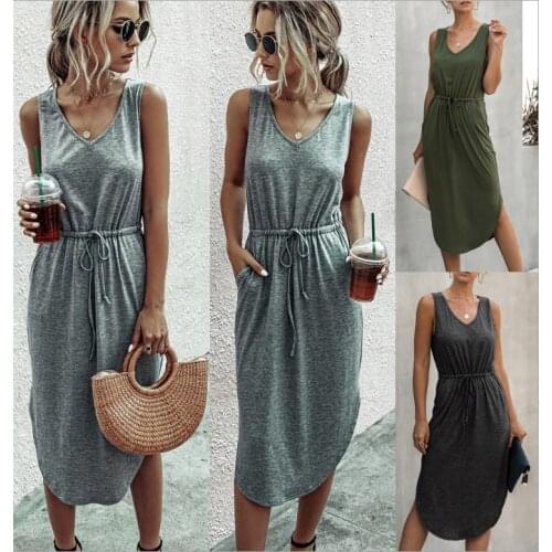Summer Women Dress Solid Color High Waist V-Neck Dress Casual Loose Sleeveless Womn Dress Long Backless Black & Green Dress