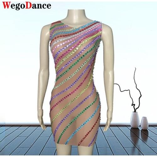Sexy Clubwear Sleeveless Rhinestone Short Dress For Women Cocktail Mesh Club Singer Costume