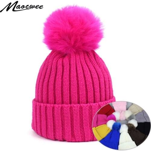 Faux Fur Pompom Hat Winter Hat Men Skullies Beanies Women Warm Cap Elasticity Knit Beanie Hats Children Pom Pom Hats Girls Boys