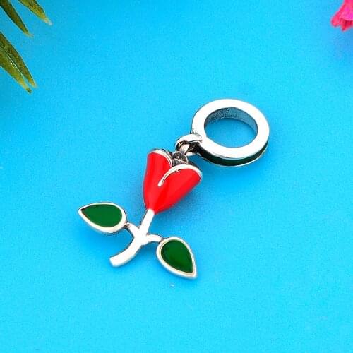 Fit Original Charm Bracelet 925 Sterling Silver Red Lampwork Green Leaf Rose Flower Bead For Making Women Valentine Berloque