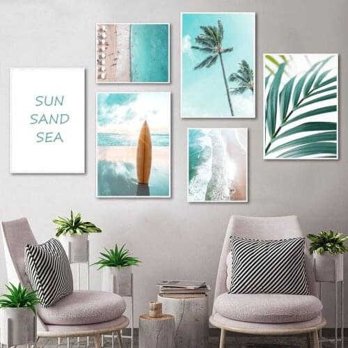 Nordic Seascape Wall Art Canvas Painting Poster Tropical Plant Beach Sea Surfboard Wall Pictures For Home Living Room Decor