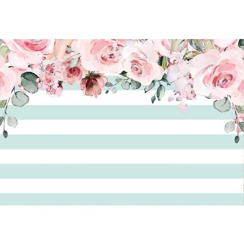 Light Blue Green Stripes Backdrop Birthday Wedding Bridal Event Party Banners Pink Floral Photography Background Mural Posters