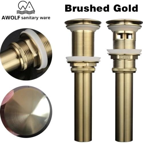 Pop Up Drains For Bathroom Basin Vessel Sinks Brushed Gold Solid Brass Bouncing Waste Drain With & Without Overflow Hole AH6160