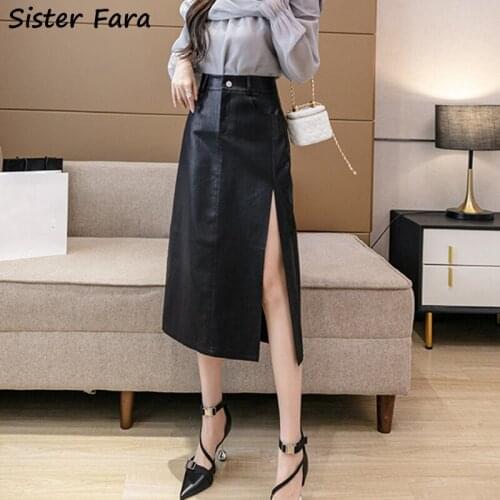 Sister Fara Autumn Winter Front Split PU Leather Skirts Women High Waist Single Breasted Ladies Mid-calf PU Leather Wrap Skirts
