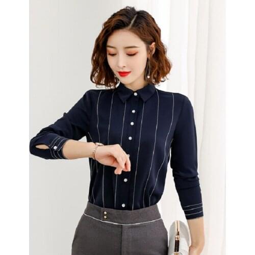 Fashion Women Blouses & Shirts Navy Blue Striped Long Sleeve Office Ladies Work Wear Clothes OL Styles