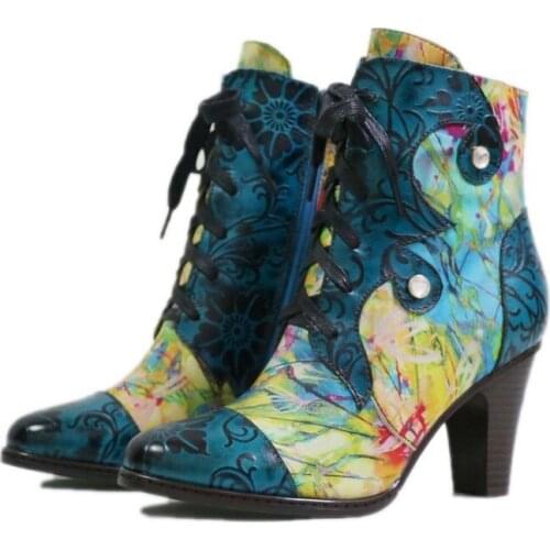 Embossed Women Boots Genuine Leather Retro Buckle Lace Up 8CM Thick High Heel Ankle Boots Elegant Shoes printing Women Shoes