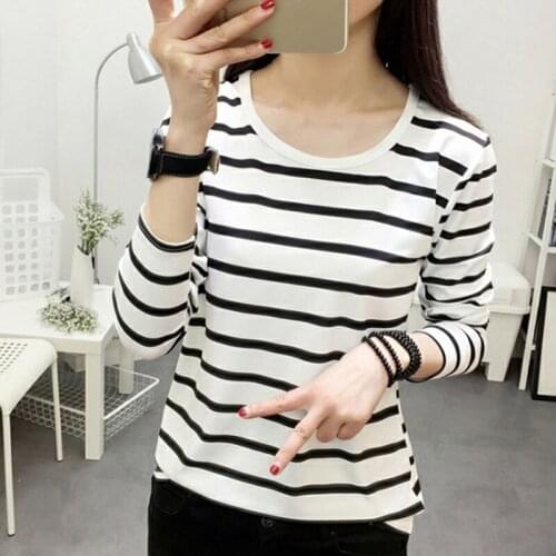 Womens T Shirts Causal Stripe Tops Tees Female Basic Classic Tee Tops Autumn Women O-Neck Long Sleeve Striped T-Shirt