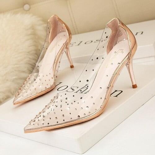 Women pumps PU Slip On 7CM Thin Heels High heels Pointed Toe rivet Shallow shoes for women women shoes 2020 size 35-42