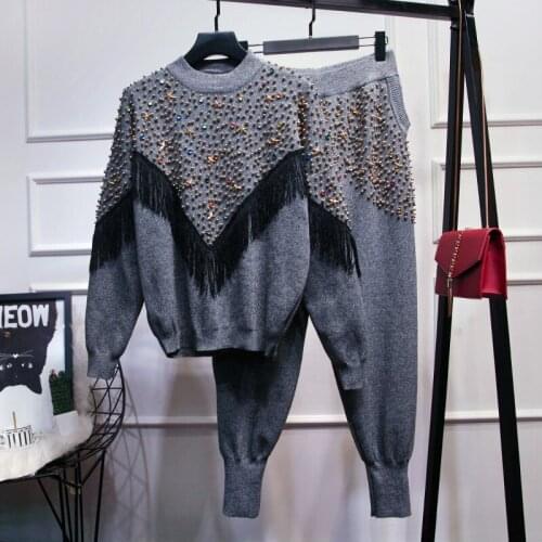 2 Piece Sets Womens Autumn 2020 Winter Tassel Sweater Set women Knitted Pullover Tops+Trousers Tracksuit Fashion Two piece set