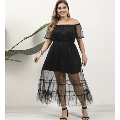 Plus size Black Double Layered Mesh Dress Women Sexy Off Shoulder Short Sleeve Party Dress for Woman 2021 Summer Female Clothes