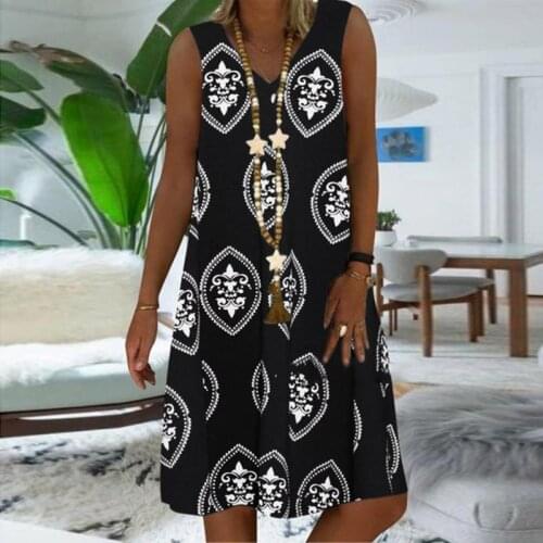 New 2021 Women Dress Vintage Printed V Neck Sleeveless Dresses Beach Casual Loose Ladies Dress