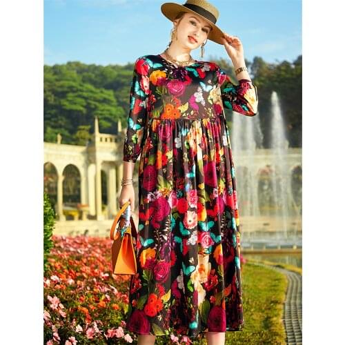 2021 Spring and Summer New Fashion Round Neck Flower Print Loose Long Satin Travel Dress Comfortable Beach Dress Plus Size 4XL