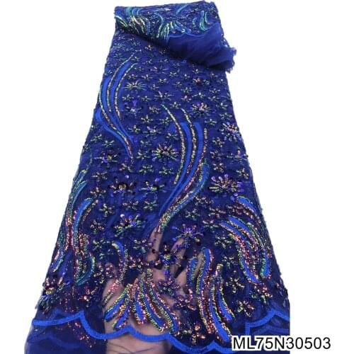 2021 High Quality Nigerian Sequins Lace Fabrics African Tulle lace Fabric 5 yards for wedding party dress ML75N305