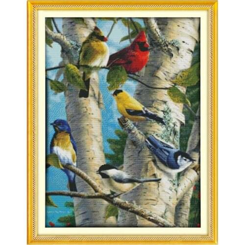 Birch Birds In The Tree Patterns Cross Stitch Printed Fabric Count Embroidery Needlework Kits 14CT 11CT DIY Home Decor Paintings