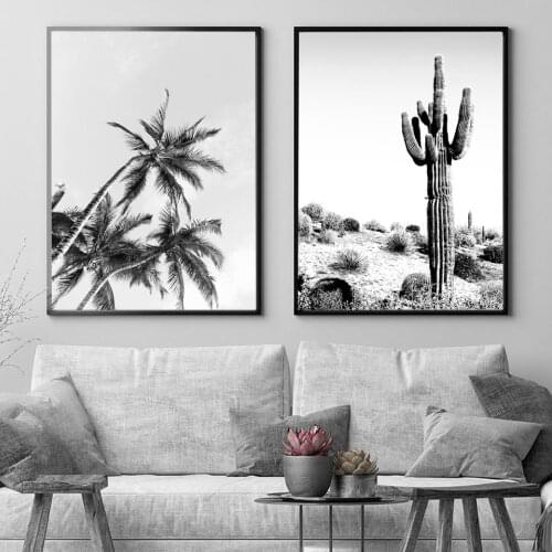 Black White Ocean Palm Cactus Canvas Painting Coastal Posters and Prints Nordic Wall Art Pictures for Living Room Decoration