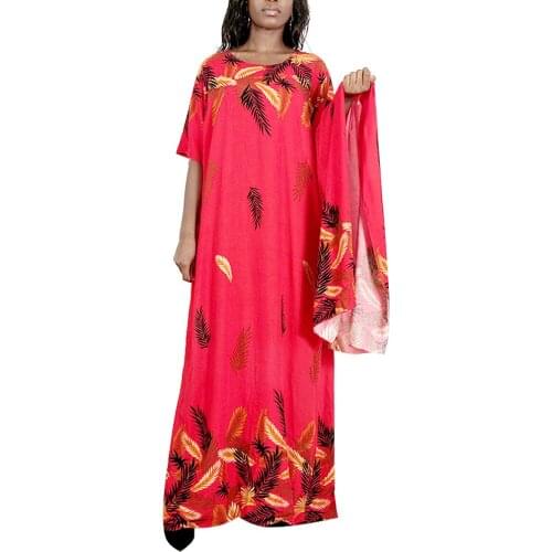 Elegant Floral Printes Maxi Dress 2021 Summer Fashion Women Short Sleeve Ethnic Retro Cotton Casual Dresses with Scarf