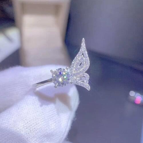 925 Sterling Silver Ring Asymmetric Cute Single Bling Butterfly Princess Wedding Rings for Women & Girl Fashion Jewelry Gift