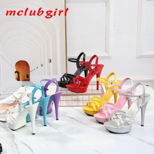 Mclubgirl Womens One Word Sandals New Summer Solid Color Fashion 13cm All-around Net Red Sexy High Heels Thin Heels LFD