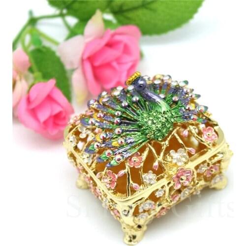 Peacock Trinket Box Metal Hollow Animal Figurine Faberge Organizer Home Craft Tabletop Vintage Decoration Gift