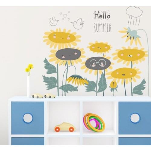 Cartoon Sunflower Wall Stickers for Kids Room Bedroom Living Room Decoration Self Adhesive Aesthetic Art Wallpaper