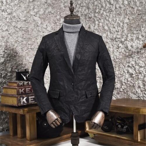 Mens winkle cow blazer single button slim fit genuine suit men fashion design smart casual leather jacket male